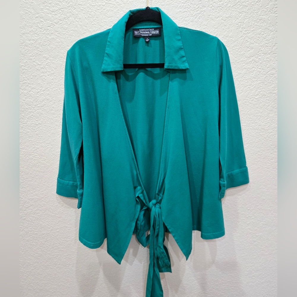J. Peterman Teal Green Tie-Front Tunic Blouse Cardigan - Vintage Small